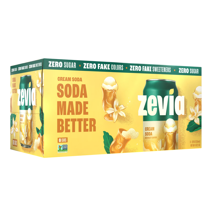(3 pack) Zevia Zero Calorie, No Sugar Cream Soda Pop, 12 fl oz, 8 Pack Cans