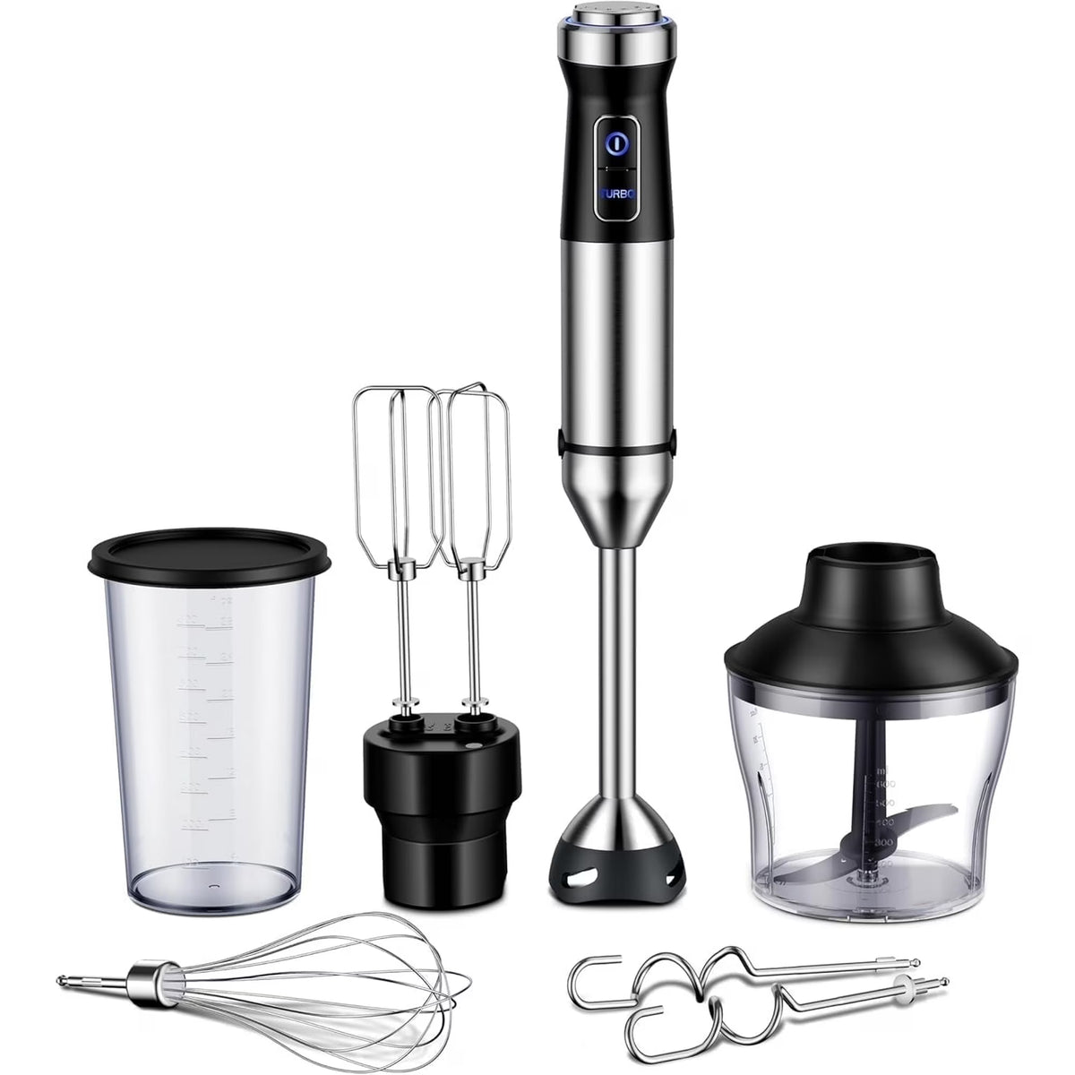 6 in 1 Immersion Blender, 1000W Handheld Hand Blender, 20 Speeds Emulsion Blender with Chopper, Whisk and Frother for Soup, Baby Food and Smoothies, Black
