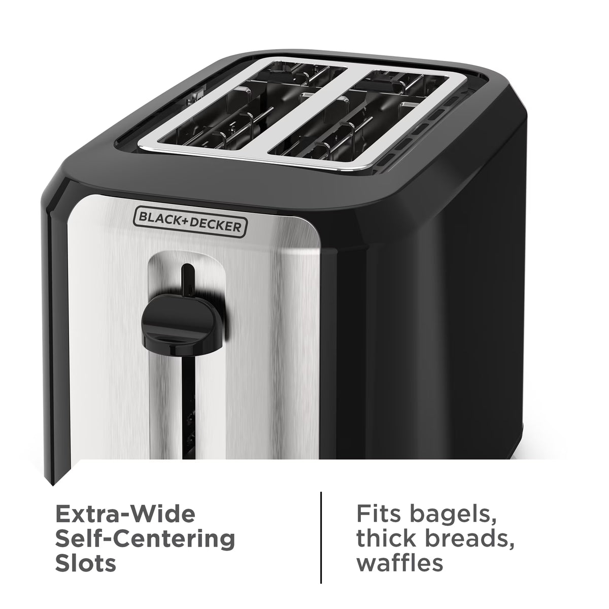 BLACK+DECKER Black Stainless Steel 2‑Slice Toaster, Extra‑Wide Slots with Bagel Mode, 7 Adjustable Shade Controls, High‑Lift Lever & Drop‑Down Crumb Tray