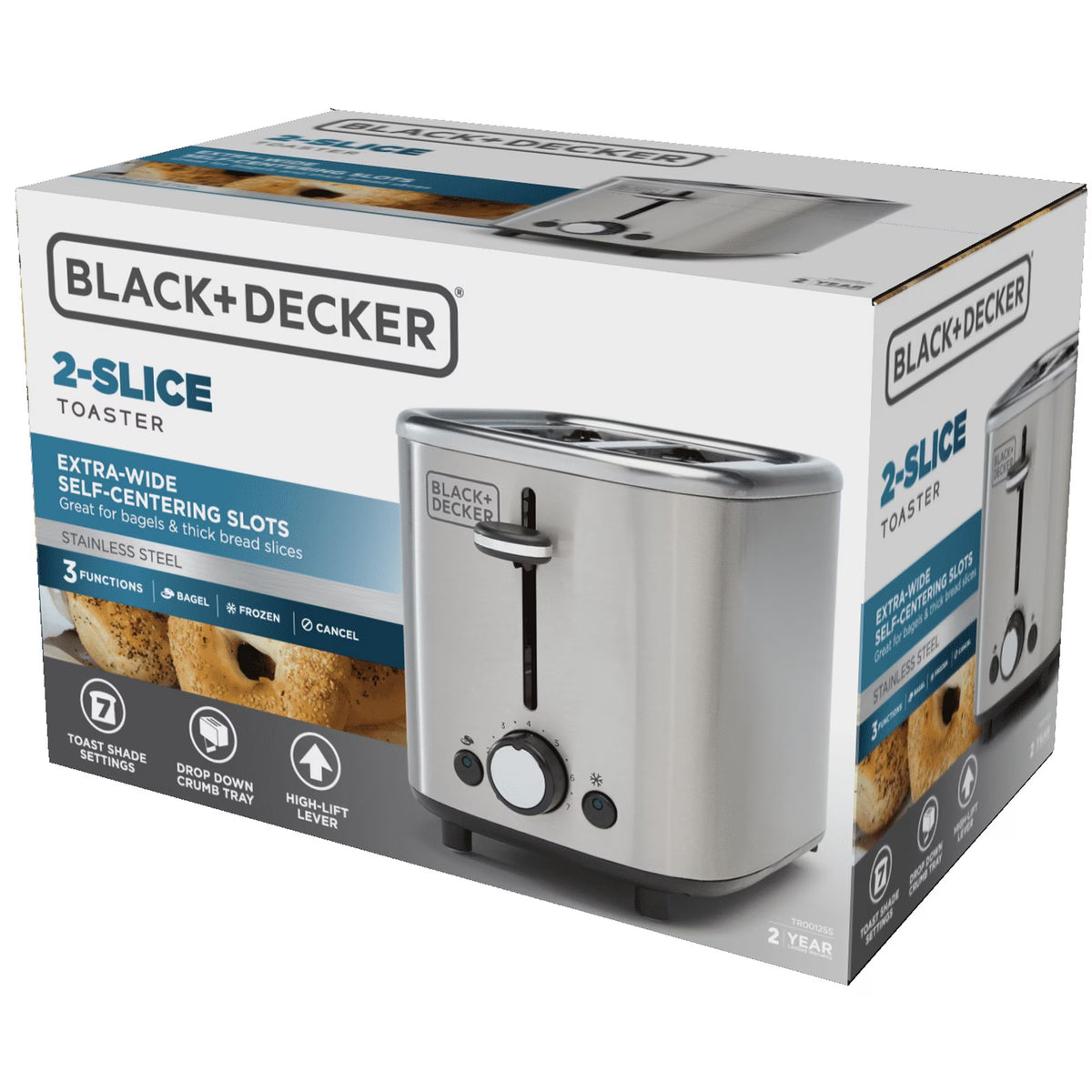 BLACK+DECKER 2‑Slice Toaster, Stainless Steel, Extra‑Wide Self‑Centering Slots, 7 Adjustable Shade Settings