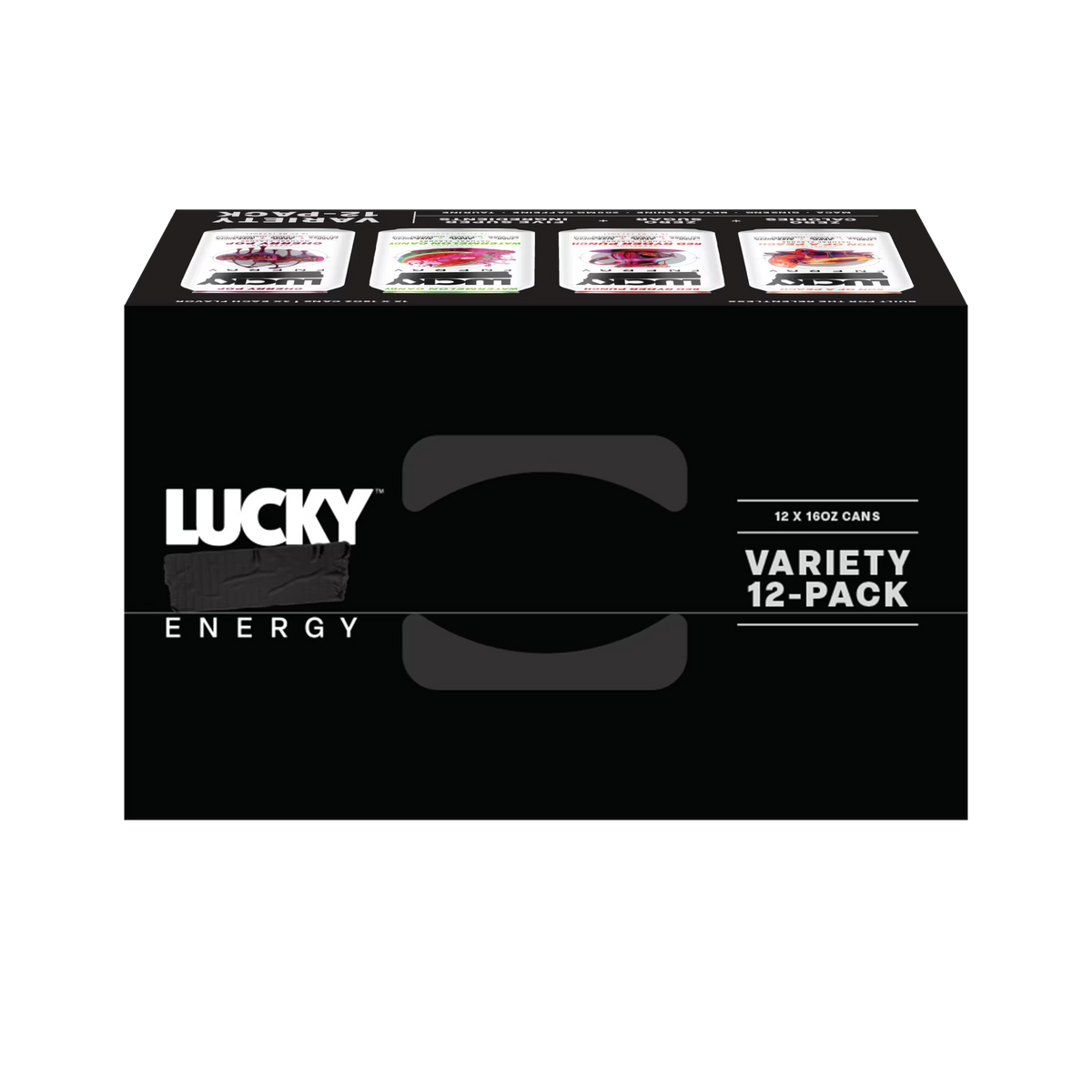 Lucky Energy Sugar Free Energy Drinks 16 oz Cans (12-pack), Variety Pack with Maca, Ginseng, Taurine, Beta-Alanine, 200mg Caffeine, Zero Calories