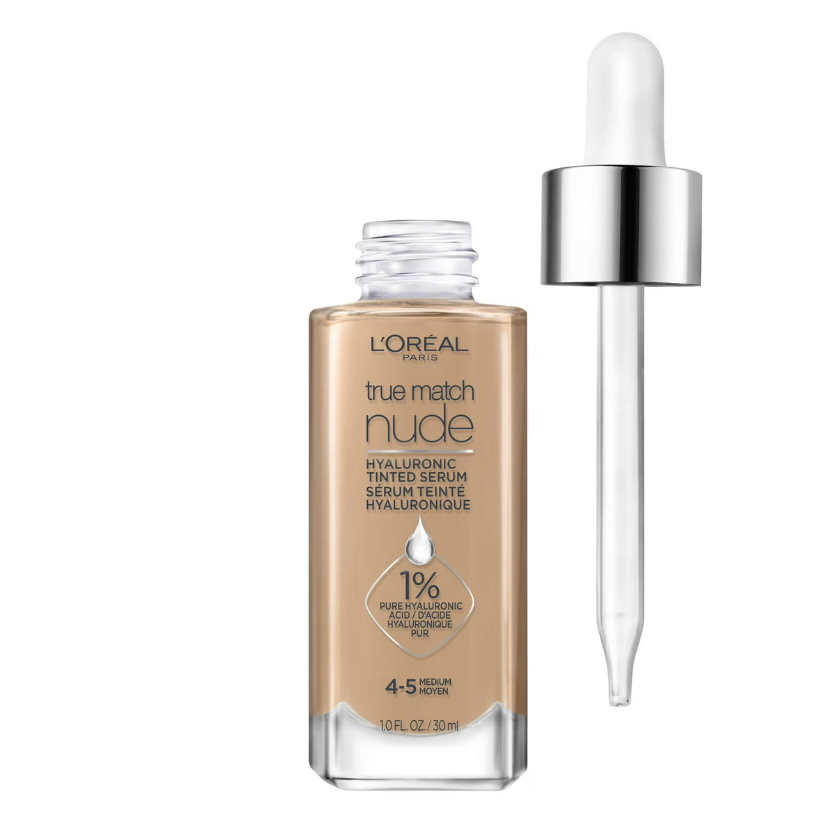 L'Oreal Paris True Match Hyaluronic Tinted Serum Foundation Makeup, 4-5 Medium, 1 fl oz