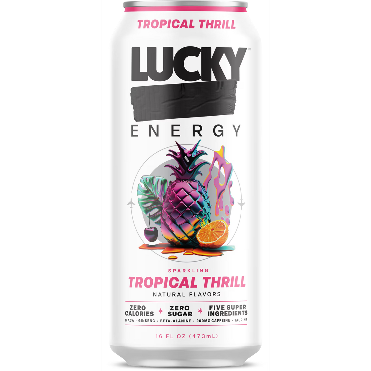 Lucky Energy Sugar Free Energy Drinks 16 fl oz Can, Tropical Thrill with Maca, Ginseng, Taurine, Beta-Alanine, 200mg Caffeine, Zero Calories
