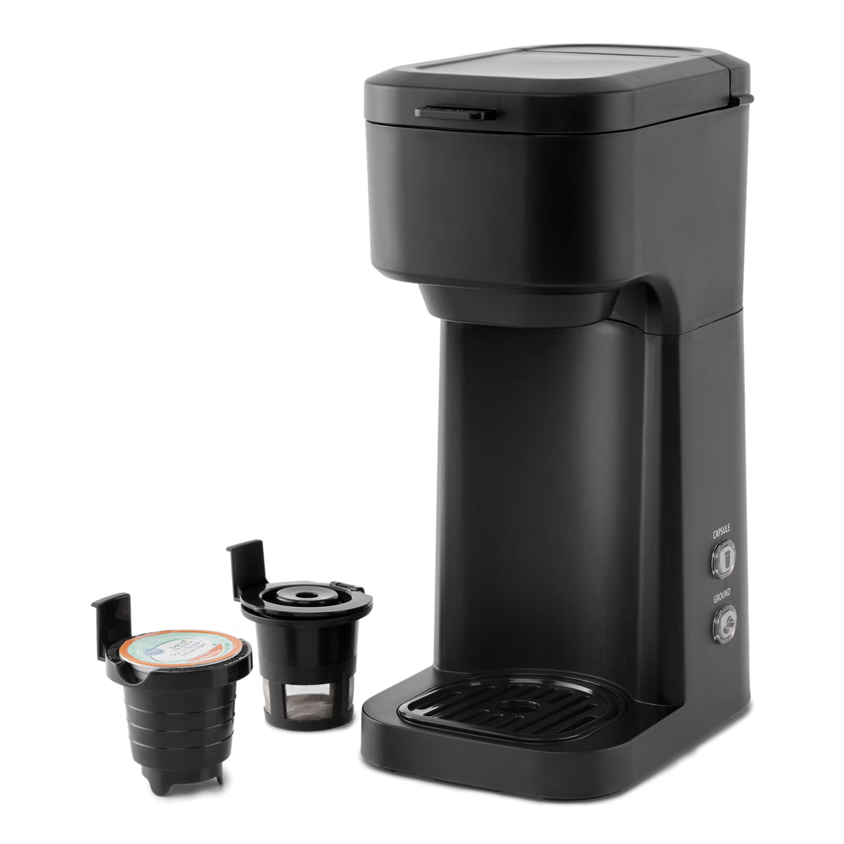 Mainstays Black Matte Dual Brew Coffee Maker, Single Serve, Auto Shutoff, 14 oz Reservoir