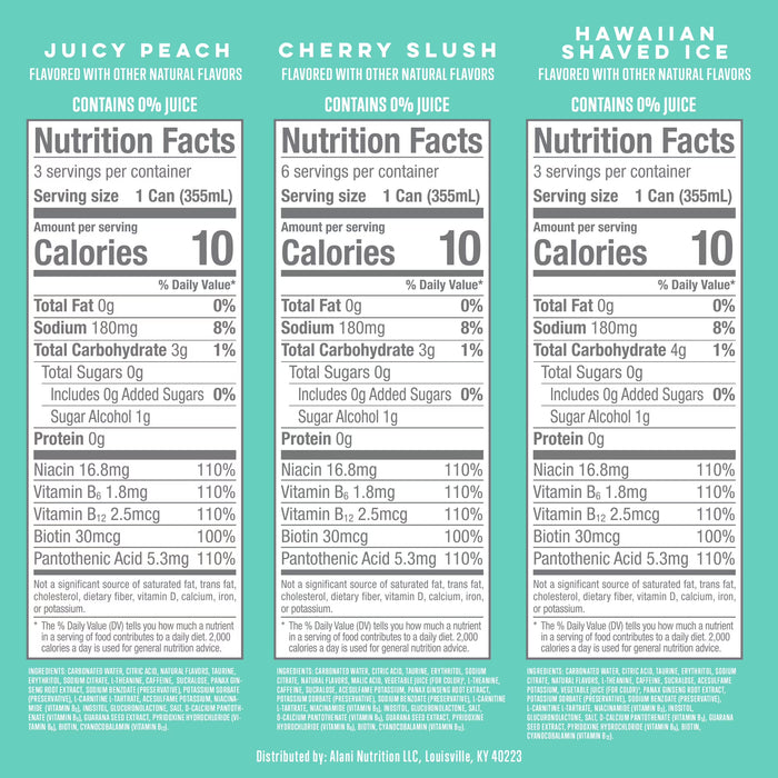 Alani Nu Sugar Free Energy Drink, Variety Pack, Cherry Slush, Juicy Peach, Hawaiian Shaved Ice, 12 fl oz, 12 Pack, Cans, 200mg Caffeine