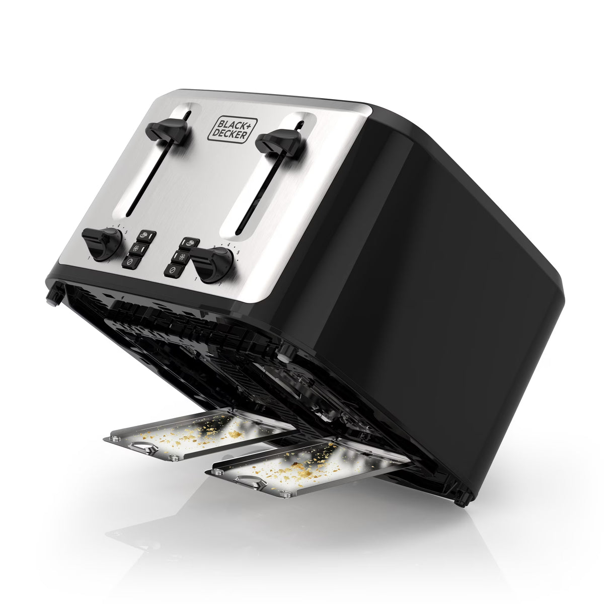 BLACK+DECKER Black/Silver 4‑Slice Toaster with Extra‑Wide Slots, 7 Adjustable Shade Settings, High‑Lift Lever & Drop‑Down Crumb Tray
