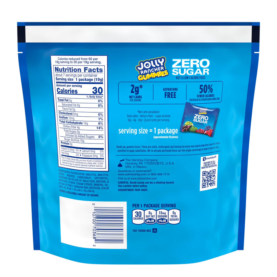 JOLLY RANCHER Gummies Zero Sugar Assorted Fruit Flavored Candy Bag, 4.9 oz (7 Pouches)