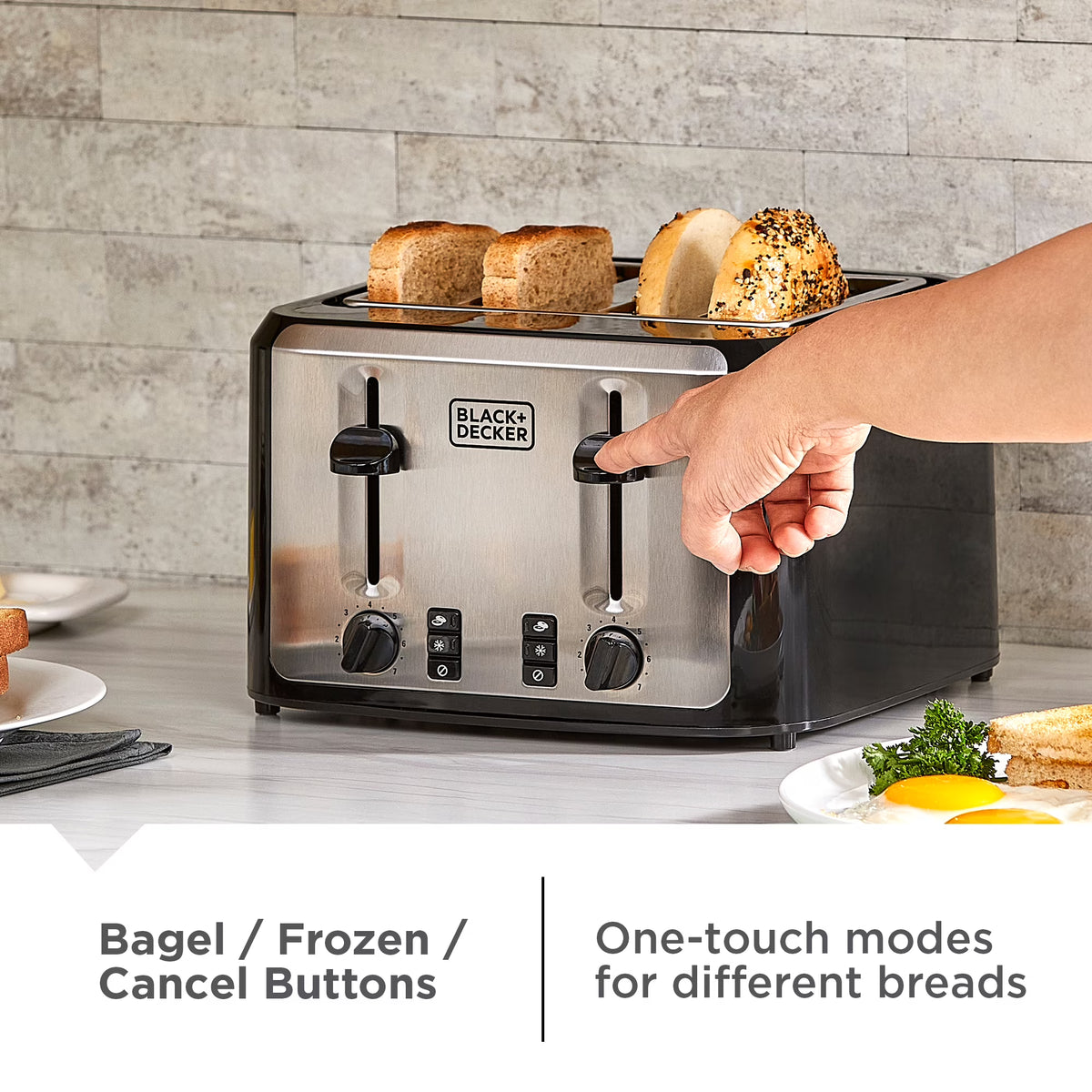 BLACK+DECKER Black/Silver 4‑Slice Toaster with Extra‑Wide Slots, 7 Adjustable Shade Settings, High‑Lift Lever & Drop‑Down Crumb Tray