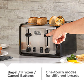 BLACK+DECKER Black/Silver 4‑Slice Toaster with Extra‑Wide Slots, 7 Adjustable Shade Settings, High‑Lift Lever & Drop‑Down Crumb Tray