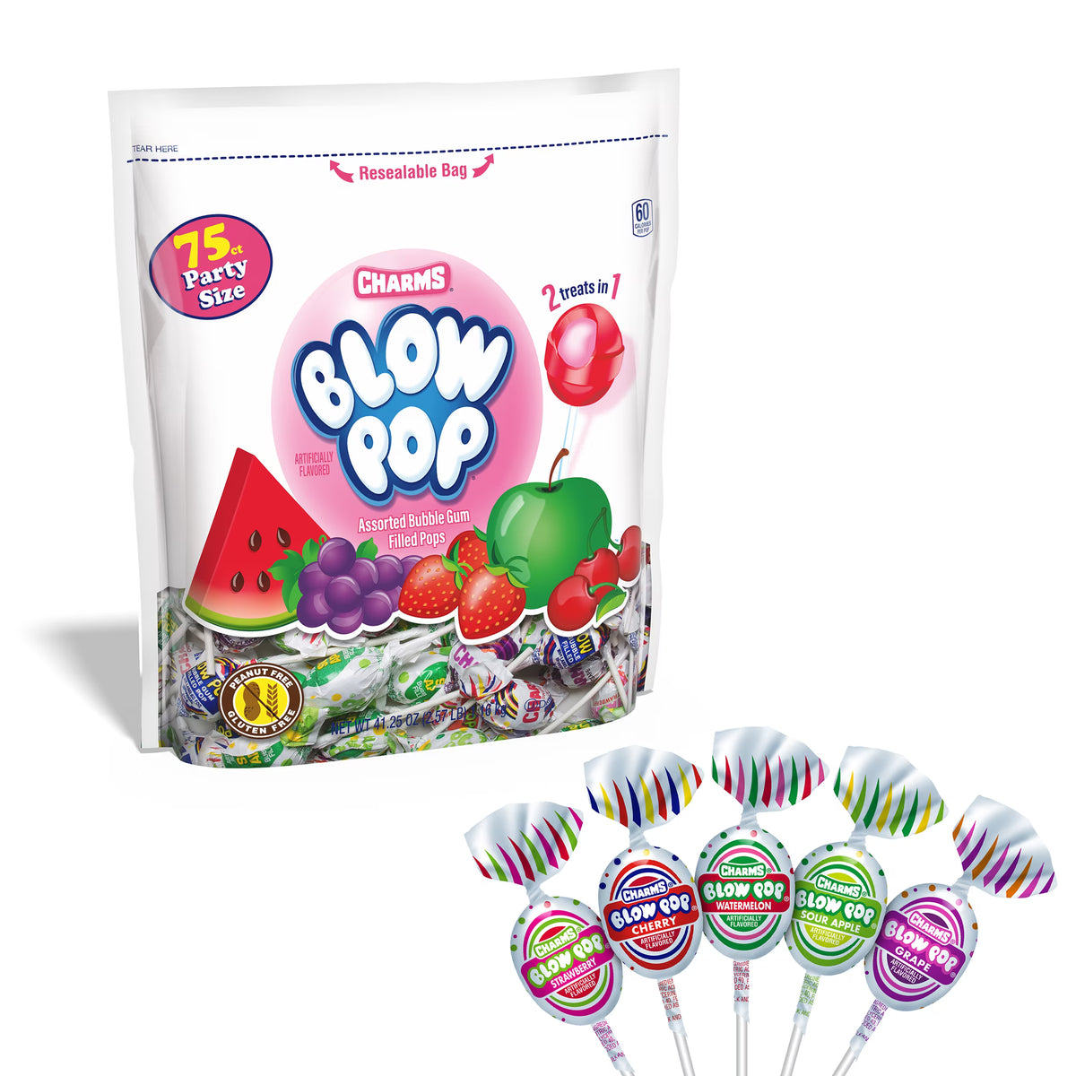 Charms Blow Pop Assorted Flavored Lollipops with Bubblegum Center, 41.25 oz, Peanut-free