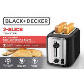 BLACK+DECKER Black Stainless Steel 2‑Slice Toaster, Extra‑Wide Slots with Bagel Mode, 7 Adjustable Shade Controls, High‑Lift Lever & Drop‑Down Crumb Tray