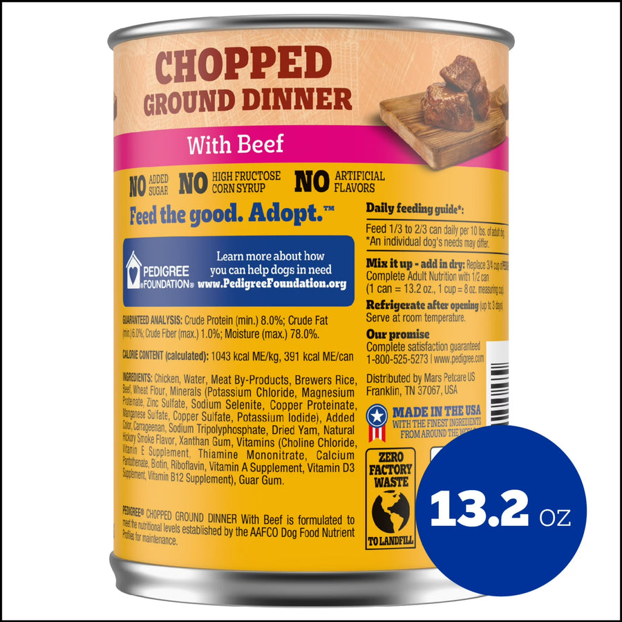 Pedigree Chopped Ground Dinner Wet Dog Food With Beef, Canned Dog Food, 13.2 oz. Cans, 12 Count