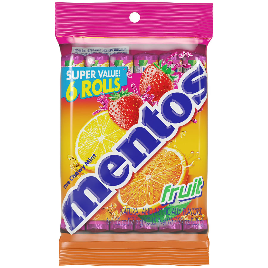 Mentos Assorted Fruit Chewy Mint Candy Roll, 1.32 oz, pack of 6