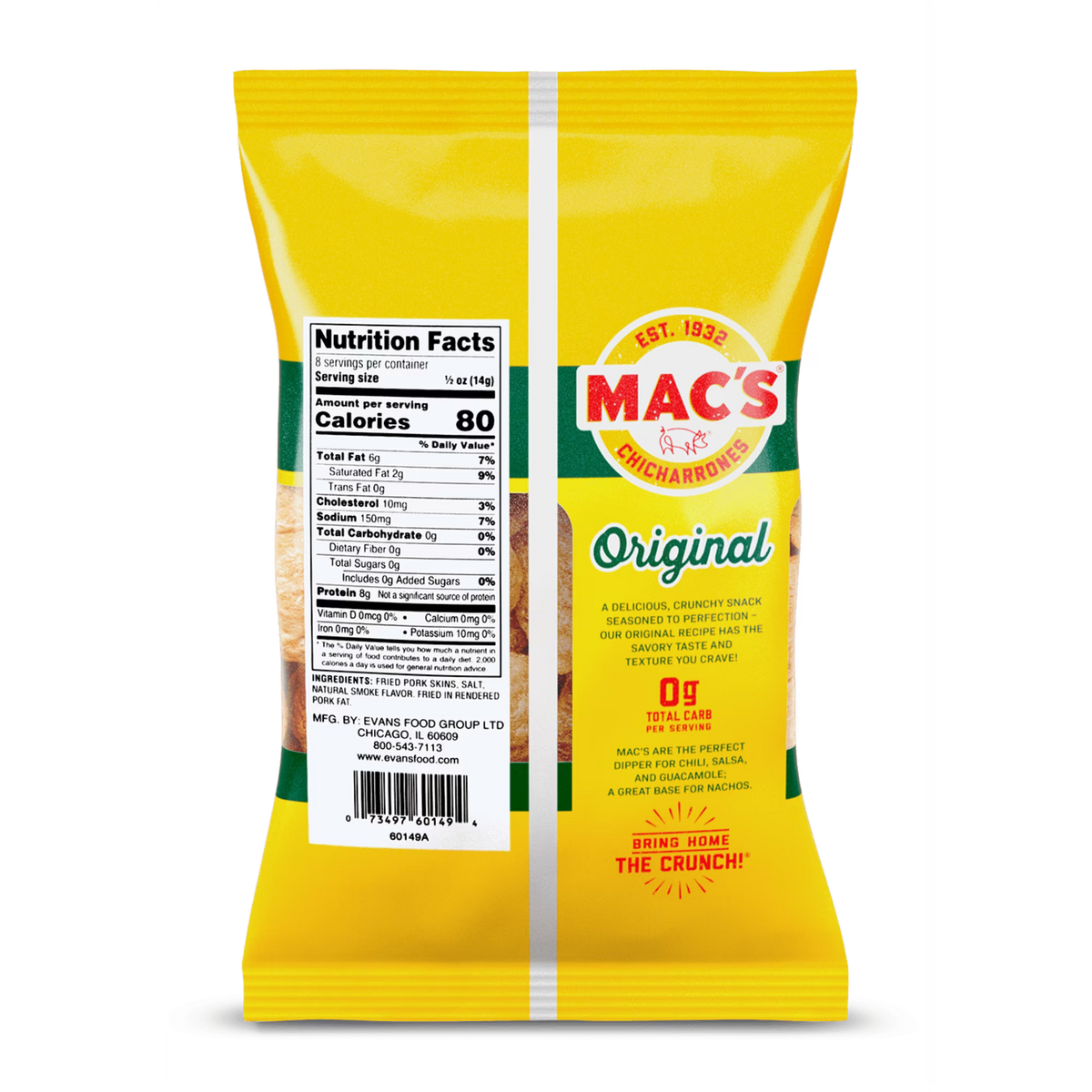 Mac's Original Chicharrones Pork Rinds, Pork Skins, 4 oz Bag
