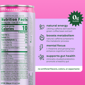 Bloom Nutrition Sparkling Energy Drink, Raspberry Lemon, 12 fl oz Cans, 6 Pack