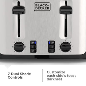 BLACK+DECKER Black/Silver 4‑Slice Toaster with Extra‑Wide Slots, 7 Adjustable Shade Settings, High‑Lift Lever & Drop‑Down Crumb Tray
