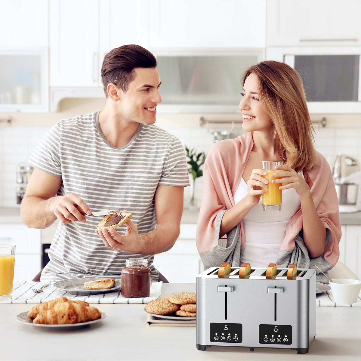 Suodoka 4 Slice Toaster with Touchscreen, Stainless Steel Bread Toaster, 6 Browning Settings, Wide Slots, Reheat, Cancel and Defrost Functions