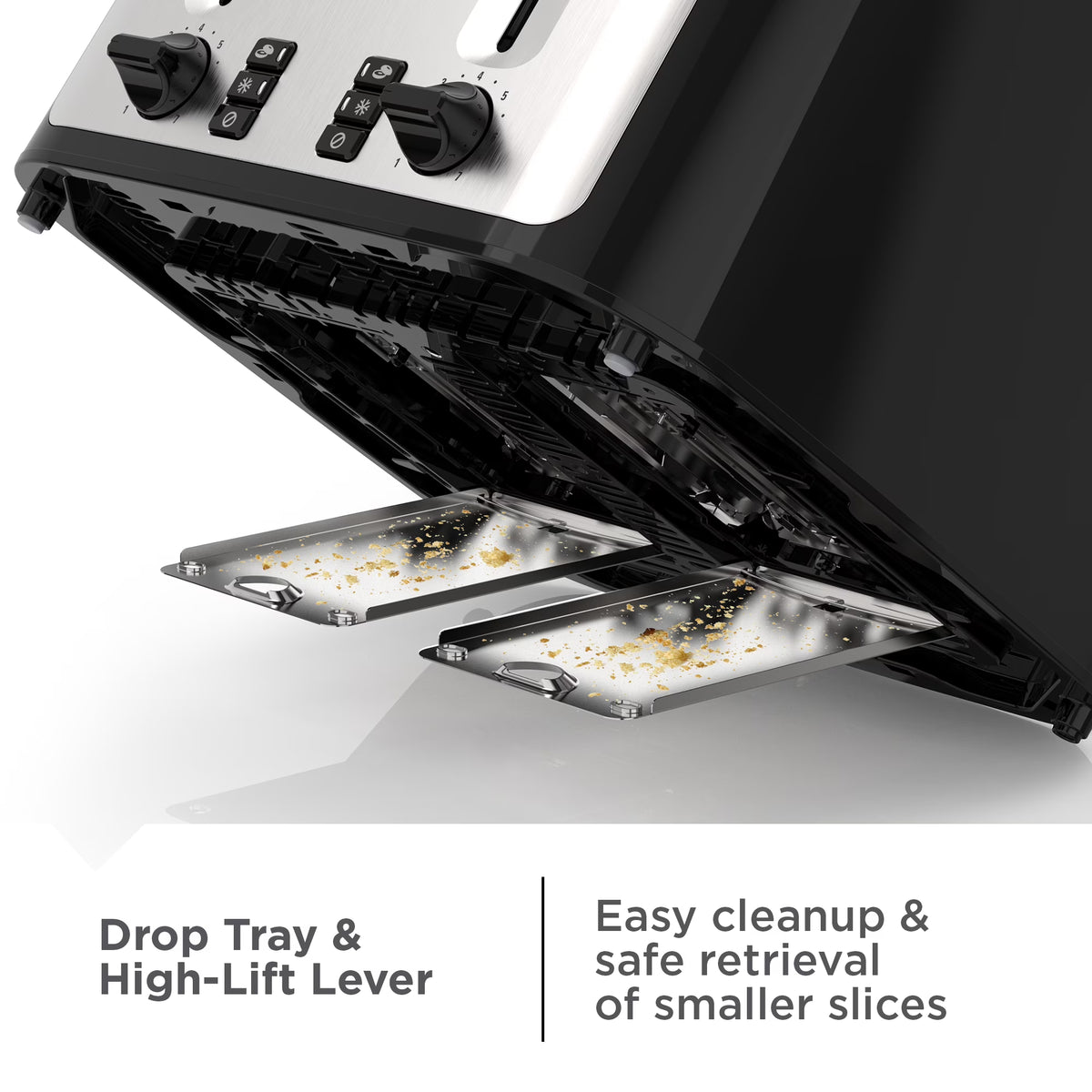 BLACK+DECKER Black/Silver 4‑Slice Toaster with Extra‑Wide Slots, 7 Adjustable Shade Settings, High‑Lift Lever & Drop‑Down Crumb Tray