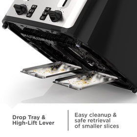 BLACK+DECKER Black/Silver 4‑Slice Toaster with Extra‑Wide Slots, 7 Adjustable Shade Settings, High‑Lift Lever & Drop‑Down Crumb Tray