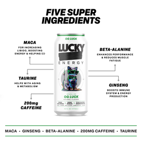 Lucky Energy Sugar Free Energy Drinks 16 fl oz Can, OG Luck with Maca, Ginseng, Taurine, Beta-Alanine, 200mg Caffeine, Zero Calories