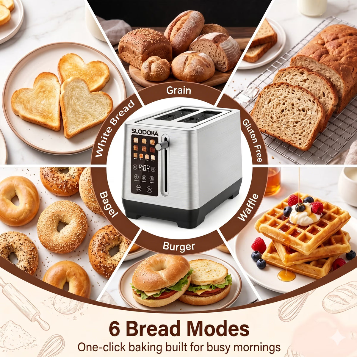 Suodoka 2-Slice Digital Toaster, Stainless Steel Touch Control Toaster with 6 Shade Settings, 5 Functions & 5.51" Extra-Wide Slots