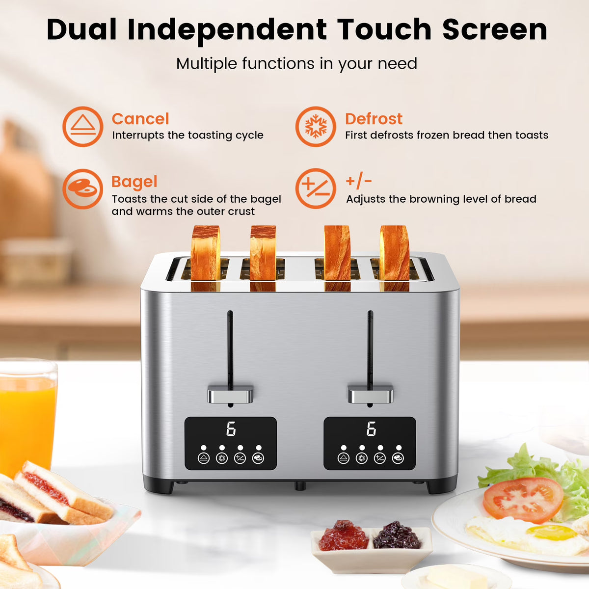 Suodoka 4 Slice Toaster with Touchscreen, Stainless Steel Bread Toaster, 6 Browning Settings, Wide Slots, Reheat, Cancel and Defrost Functions
