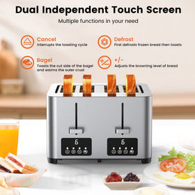 Suodoka 4 Slice Toaster with Touchscreen, Stainless Steel Bread Toaster, 6 Browning Settings, Wide Slots, Reheat, Cancel and Defrost Functions