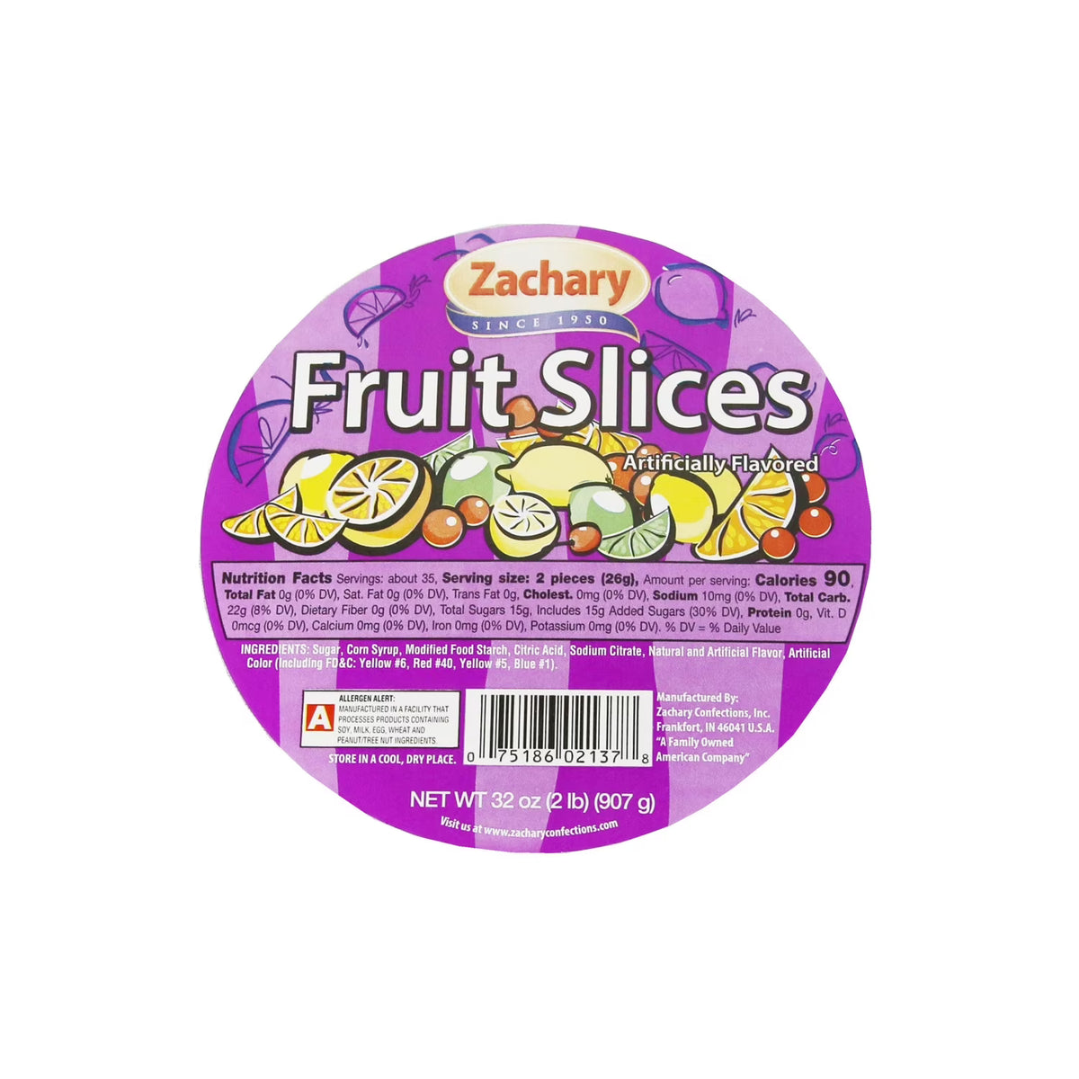 Zachary, Assorted Fruit Slices, Lemon, Lime, Cherry, & Orange Flavored Candy, 32 oz. Tub