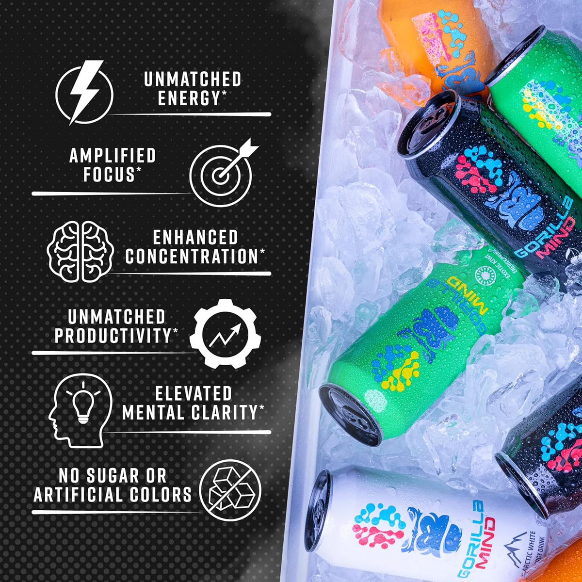 Gorilla Mind Energy Drink, No Sugar or Artificial Colors, Bombsicle, 16 oz, 12 pack Cans