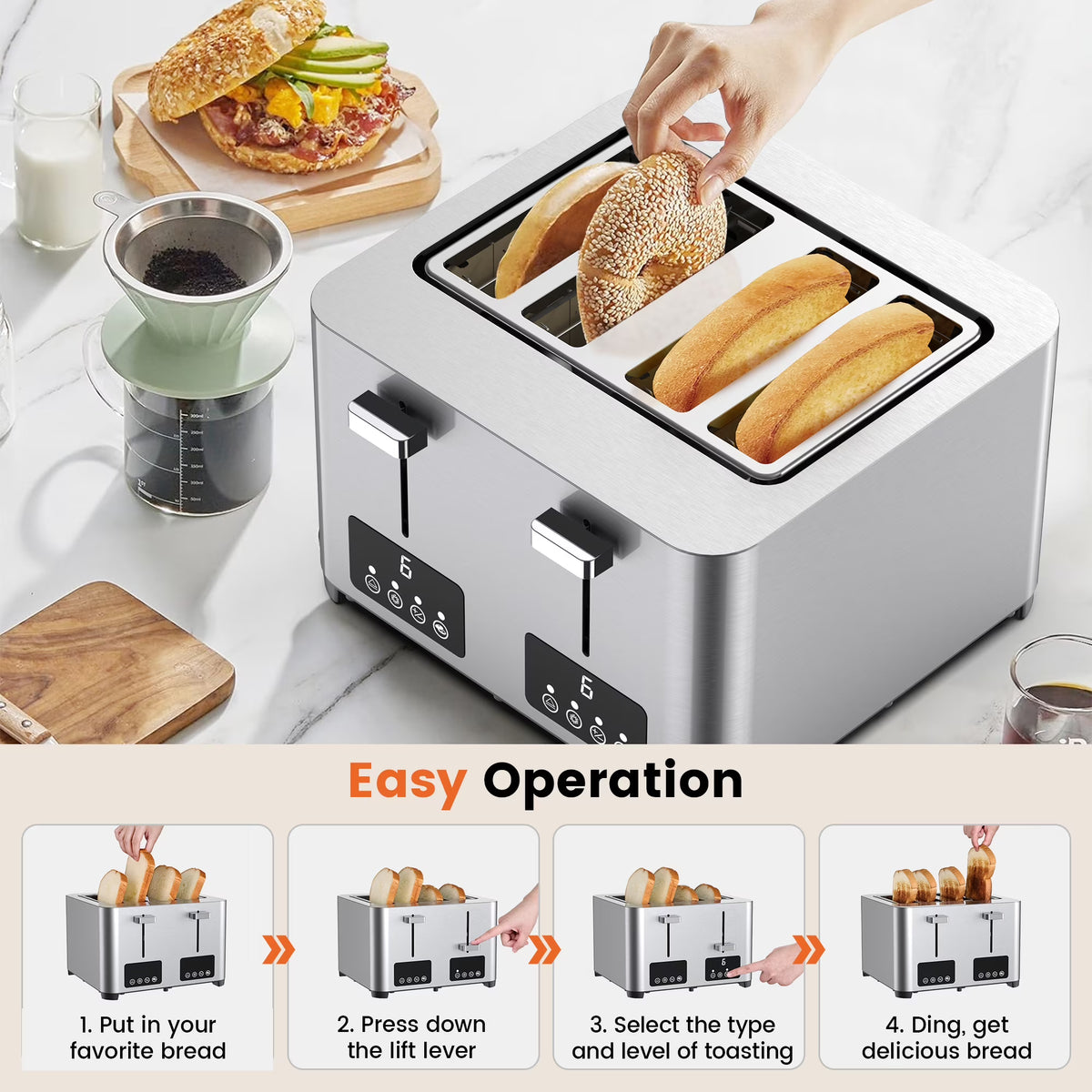 Suodoka 4 Slice Toaster with Touchscreen, Stainless Steel Bread Toaster, 6 Browning Settings, Wide Slots, Reheat, Cancel and Defrost Functions