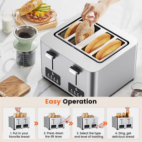 Suodoka 4 Slice Toaster with Touchscreen, Stainless Steel Bread Toaster, 6 Browning Settings, Wide Slots, Reheat, Cancel and Defrost Functions