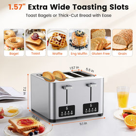 Suodoka 4 Slice Toaster with Touchscreen, Stainless Steel Bread Toaster, 6 Browning Settings, Wide Slots, Reheat, Cancel and Defrost Functions