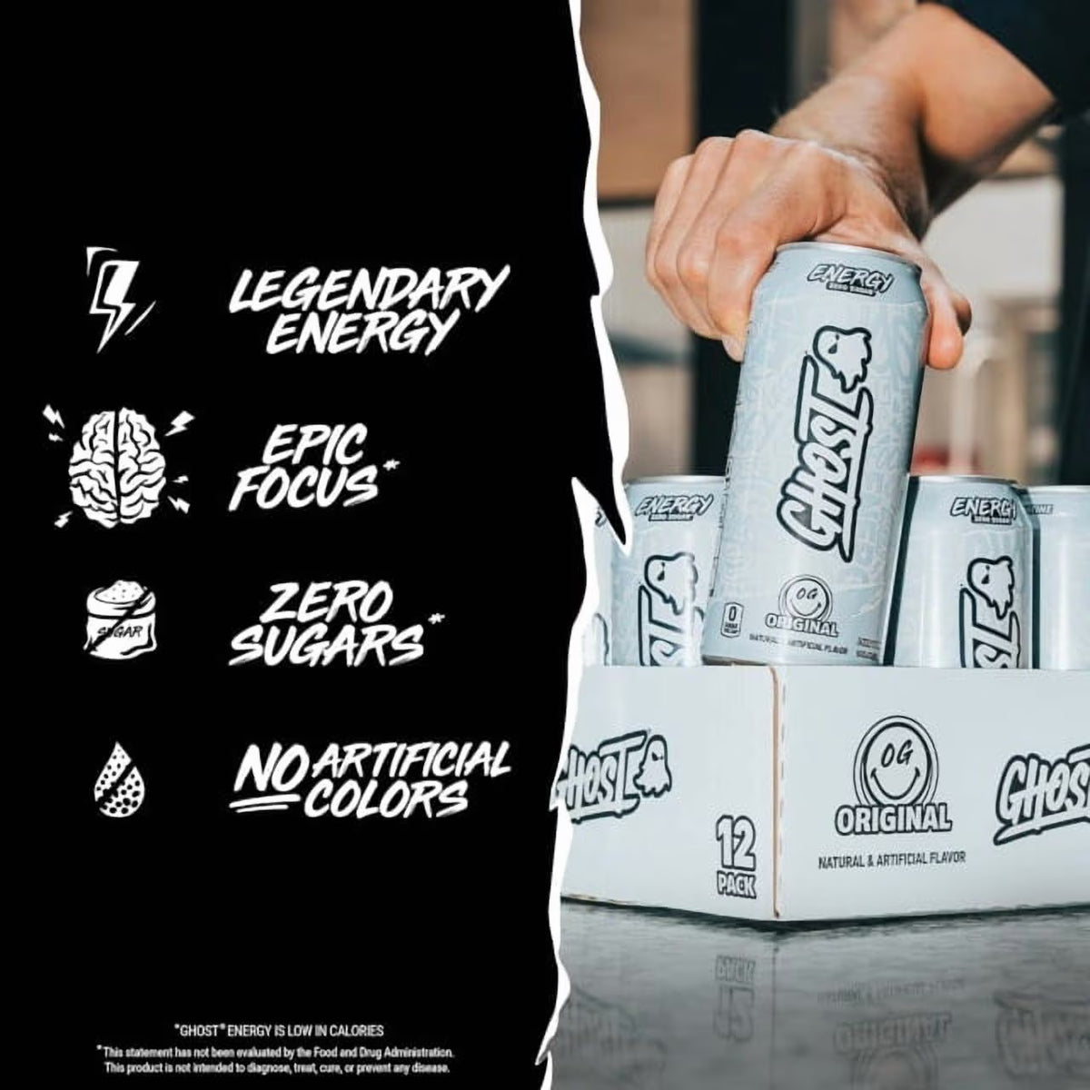 GHOST® ENERGY Zero Sugars Energy Drink, Original Flavor, 200mg Natural Caffeine, 16 fl oz, 12 Pack Cans