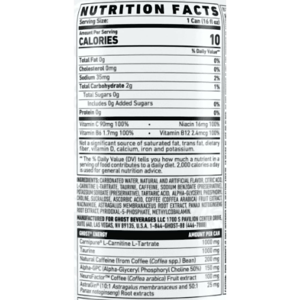 GHOST® ENERGY Zero Sugars Energy Drink, Original Flavor, 200mg Natural Caffeine, 16 fl oz, 12 Pack Cans