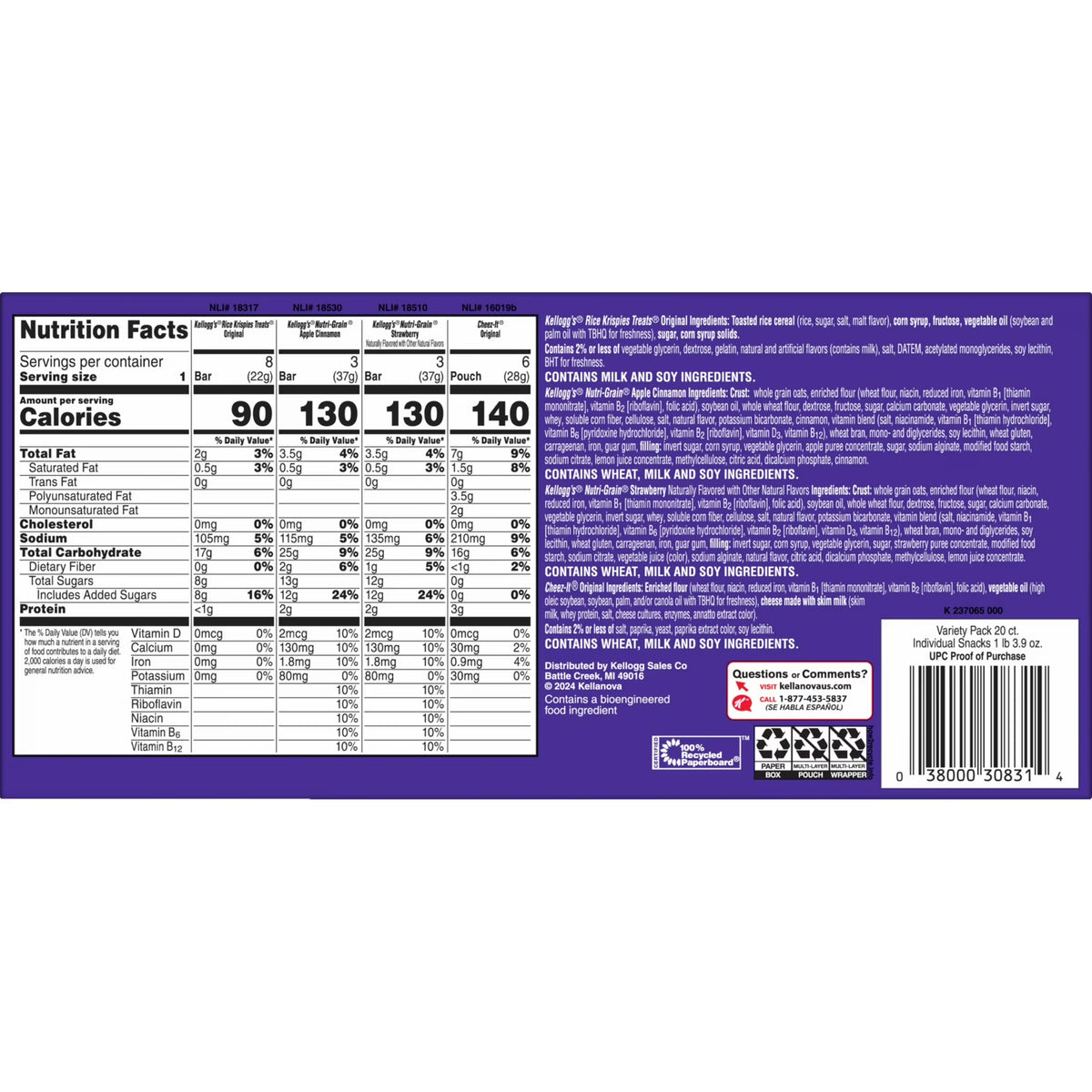 Kellogg's Variety Pack Chewy Assorted Snacks, Ready-to-Eat, Lunch Snacks, 19.9 oz, 20 Count