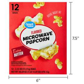 Great Value Extra Butter Flavored Microwave Popcorn, 2.55 oz, 12 Count