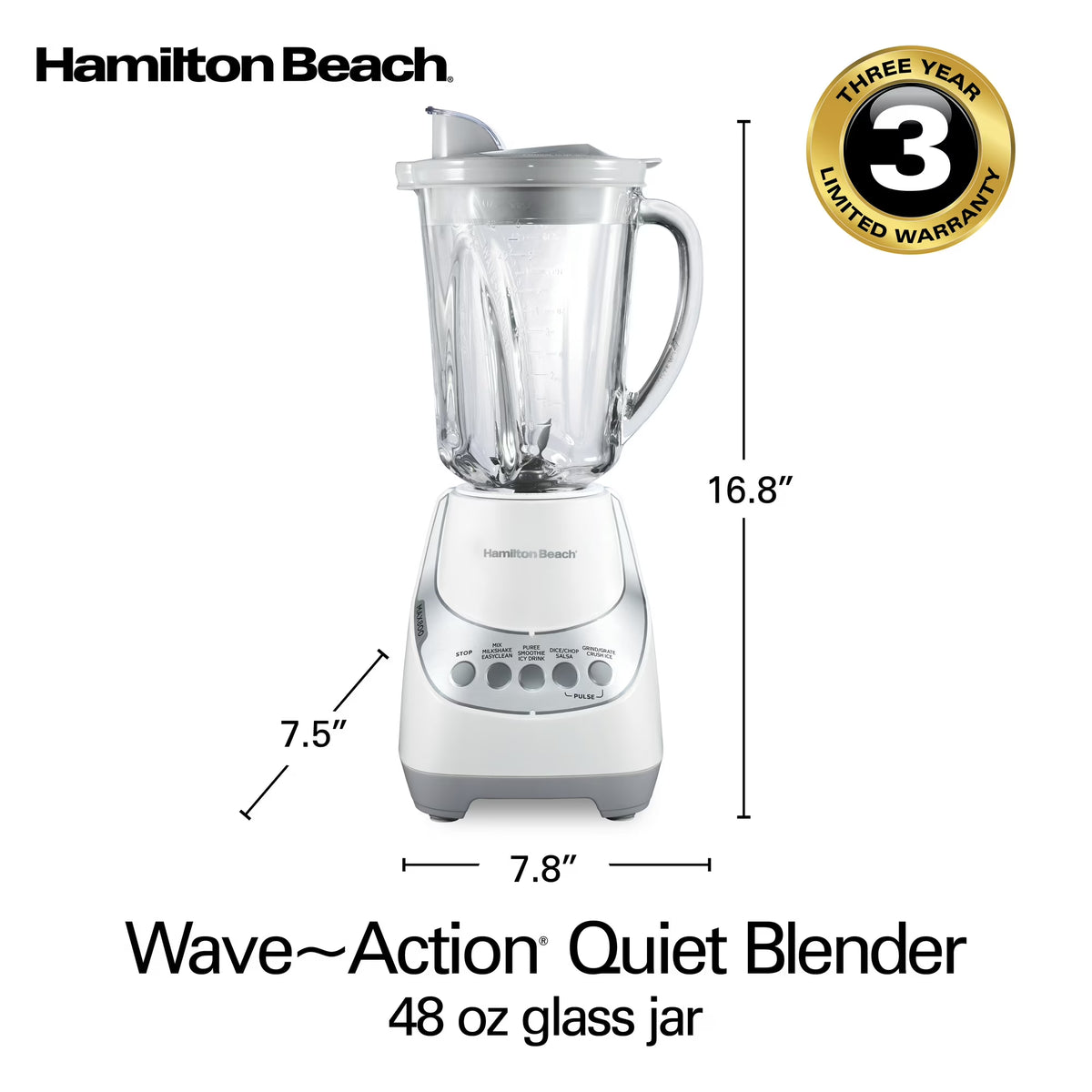 Hamilton Beach Quiet Glass Jar Blender, 48 oz. Jar, Stainless Steel Blade, High Speed, Great for Shakes and Smoothies, Ice Crusher, 12 Functions, White