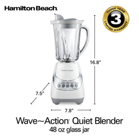 Hamilton Beach Quiet Glass Jar Blender, 48 oz. Jar, Stainless Steel Blade, High Speed, Great for Shakes and Smoothies, Ice Crusher, 12 Functions, White