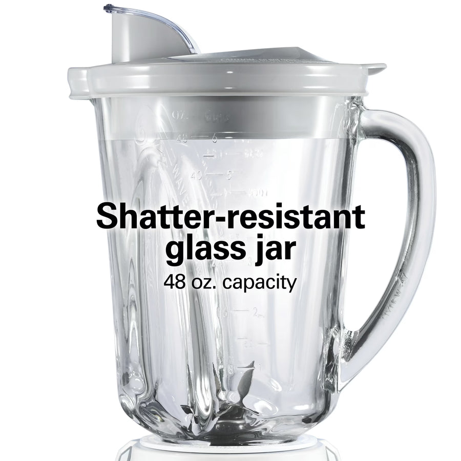 Hamilton Beach Quiet Glass Jar Blender, 48 oz. Jar, Stainless Steel Blade, High Speed, Great for Shakes and Smoothies, Ice Crusher, 12 Functions, White