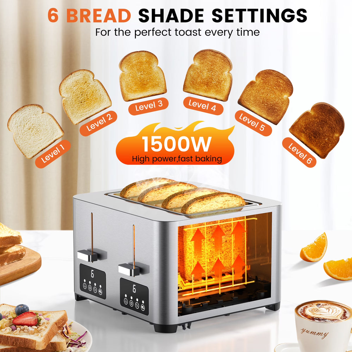 Suodoka 4 Slice Toaster with Touchscreen, Stainless Steel Bread Toaster, 6 Browning Settings, Wide Slots, Reheat, Cancel and Defrost Functions