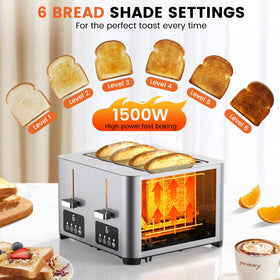 Suodoka 4 Slice Toaster with Touchscreen, Stainless Steel Bread Toaster, 6 Browning Settings, Wide Slots, Reheat, Cancel and Defrost Functions