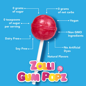 ZOLLIPOPS GUM Pops 5.6oz - Sugar Free, Allergen Free, Keto & Diabetic Friendly Strawberry Lollipops with Gum in a Convenient Resealable Pouch