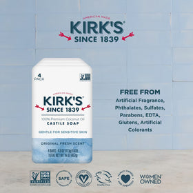 Kirk's Castile Bar Soap - Made With Premium Coconut Oil, Original Fresh Scent, 4 oz. Bars, 4 Pack