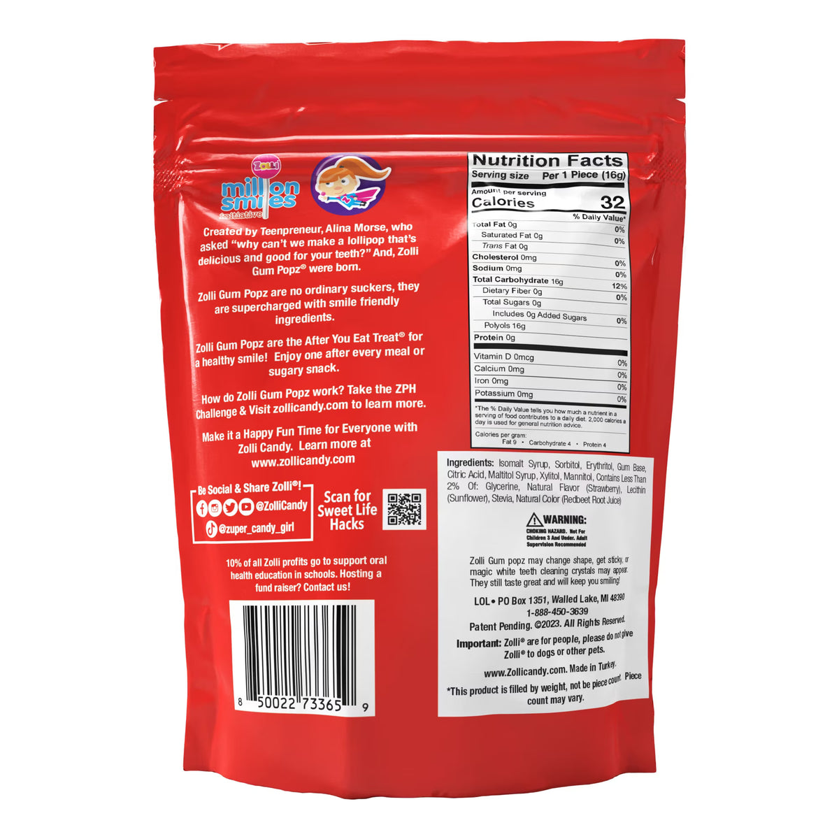 ZOLLIPOPS GUM Pops 5.6oz - Sugar Free, Allergen Free, Keto & Diabetic Friendly Strawberry Lollipops with Gum in a Convenient Resealable Pouch