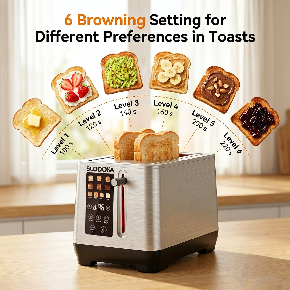 Suodoka 2-Slice Digital Toaster, Stainless Steel Touch Control Toaster with 6 Shade Settings, 5 Functions & 5.51" Extra-Wide Slots