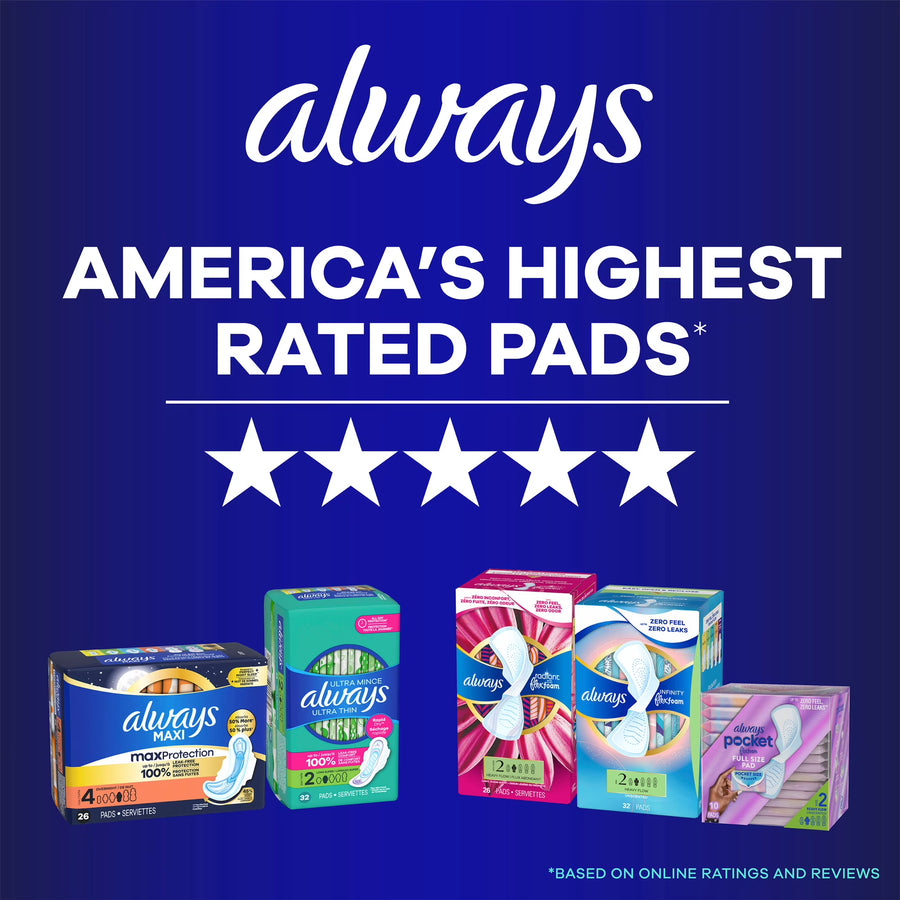 Always Ultra Thin Overnight Pads with Wings, Size 5, Extra Heavy Overnight, 46 Count