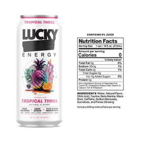 Lucky Energy Sugar Free Energy Drinks 16 fl oz Can, Tropical Thrill with Maca, Ginseng, Taurine, Beta-Alanine, 200mg Caffeine, Zero Calories