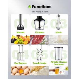 6 in 1 Immersion Blender, 1000W Handheld Hand Blender, 20 Speeds Emulsion Blender with Chopper, Whisk and Frother for Soup, Baby Food and Smoothies, Black