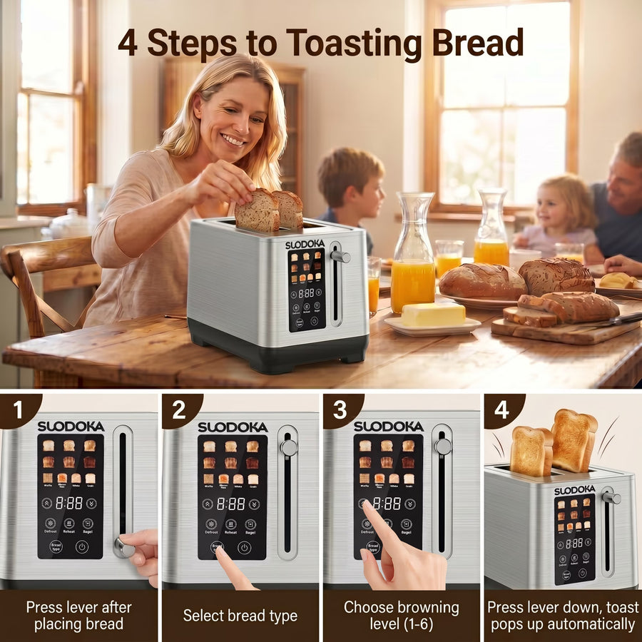 Suodoka 2-Slice Digital Toaster, Stainless Steel Touch Control Toaster with 6 Shade Settings, 5 Functions & 5.51" Extra-Wide Slots