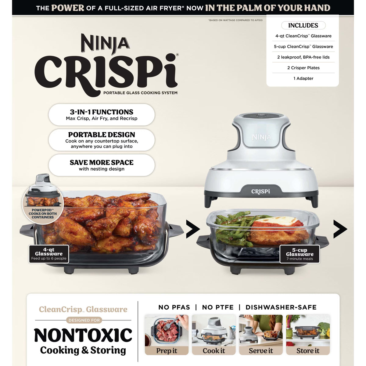 Ninja Crispi Glass Air Fryer 4-Qt, 3-in-1, Air Fry Recrisp, Portable, Dishwasher Safe, FN100WH White